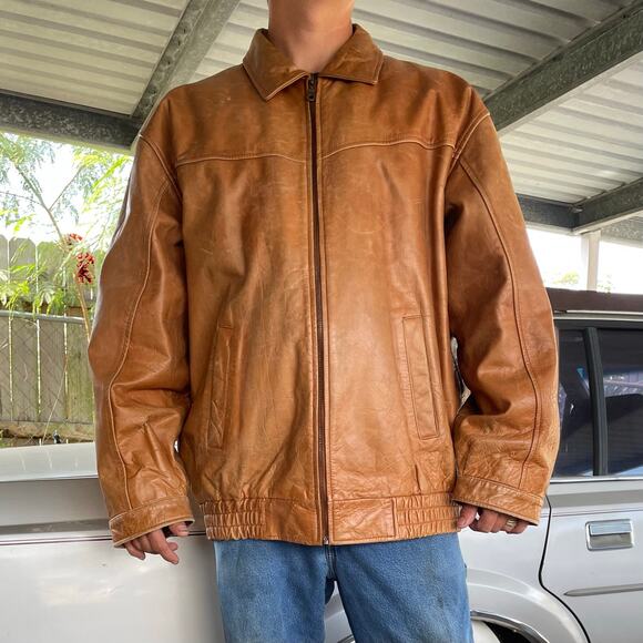 🔥Vintage Y2K Leather 2000 Brown Bomber Jacket Faux Fur Lined Grunge Biker Patina - Picture 2 of 16